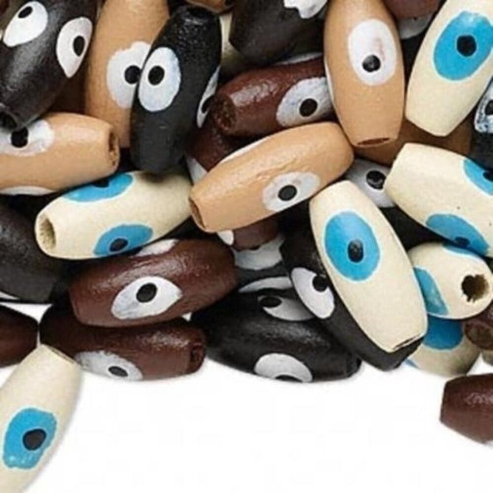 100 Mixed Earthy Painted Evil Eye 15mm Oval Wood Beads